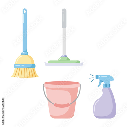 Colorful Flat Vector Icons of Household Cleaning Tools
