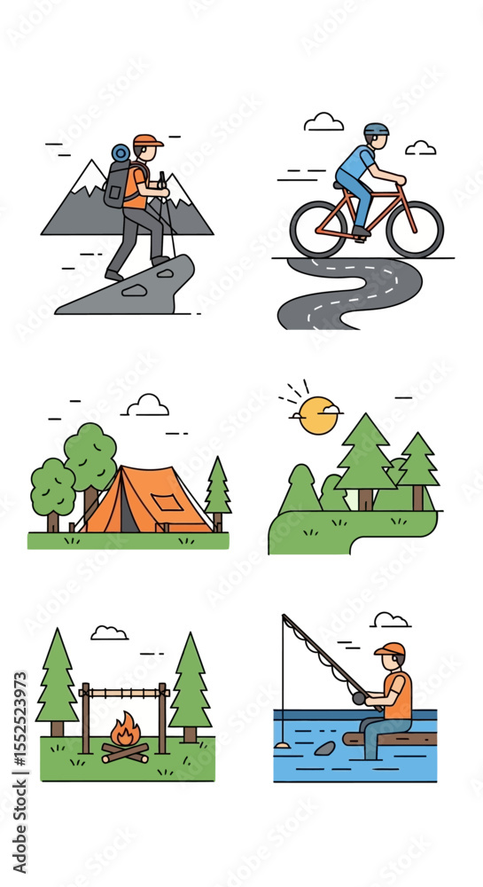 Naklejka premium Outdoor Adventure and Camping Activities Vector Set