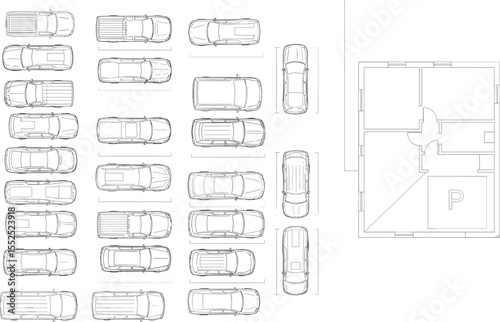 Top view of car parking layout with floor plan, vehicle arrangement, blueprint drawing for architecture, garage space, and auto mapping

 flat vector illustration