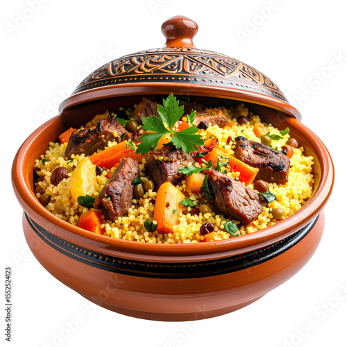 Delicious Moroccan tagine with couscous and vegetables. cut out. transparent background