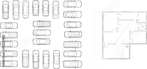 Top view car collection with floor plan layout, line art illustration for architectural, parking, blueprint, urban planning, and design use

 flat vector illustration