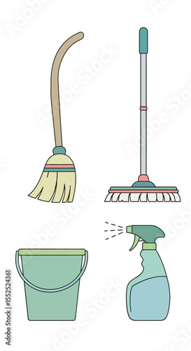 Cartoon Cleaning Tools Vector Set – Broom, Mop, Bucket, Spray Bottle