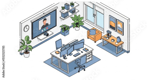 Isometric illustration of a modern home office with multiple computer monitors and video conferencing setup.