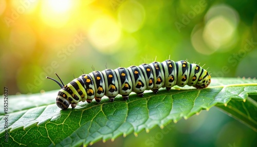 Caterpillar on a Leaf: A vibrant caterpillar, adorned with striking patterns, leisurely traverses a lush green leaf, illuminated by the soft glow of sunlight, symbolizing transformation and growth.