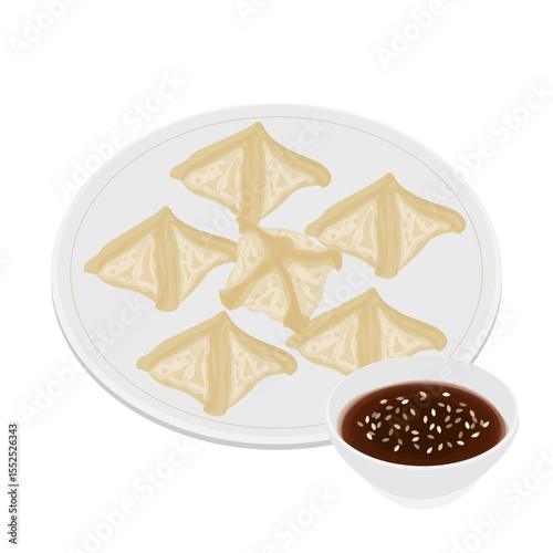 Vector Illustration Logo Clipart Vegetarian Korean Dumplings Hobak Pyeonsu with Soy Sauce 