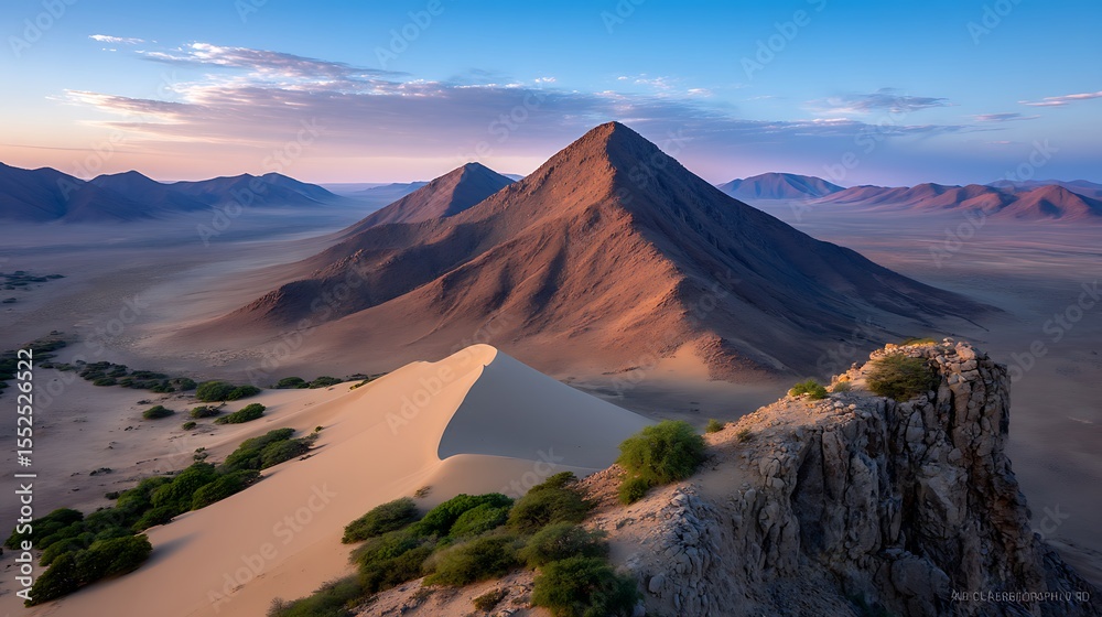 Obraz premium Breathtaking Desert Landscape with Sand Dunes and Majestic Mountains at Sunset