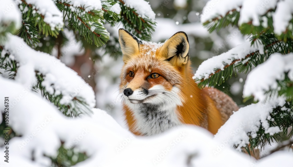 Fototapeta premium Winter Fox in Snowfall: Capturing the captivating gaze of a red fox amidst a snow-laden forest, perfectly encapsulates the stillness and the majesty of the season.