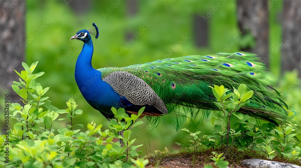 Majestic Peacock Displaying Vibrant Feathers in Lush Green Forest Environment Majestic Peacock Displaying Vibrant Feathers in Lush Green Forest Environment
