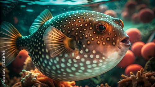 Male Pufferfish Expanding in Clear Water