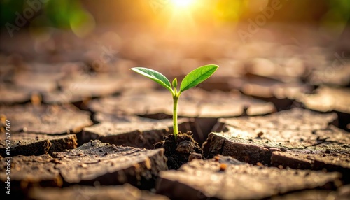 Resilience and Rebirth: A solitary sprout pushes through the cracked earth, bathed in sunlight, symbolizing renewal, growth, and the strength to overcome adversity.