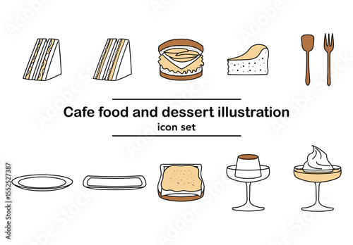 カフェのフードとデザートの手描き風アイコンセット｜サンドイッチ,チーズケーキ,プリン,コーヒーゼリー,カフェスイーツ