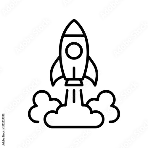 Rocket launch icon with smoke in outline style