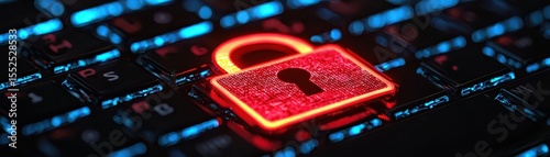A glowing red padlock icon sits on a laptop keyboard, symbolizing cybersecurity and digital data protection.