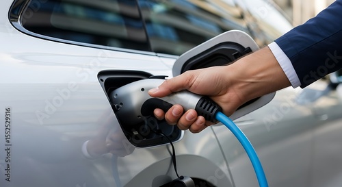 A person's hand plugging an electric vehicle's charging cable into the car.
