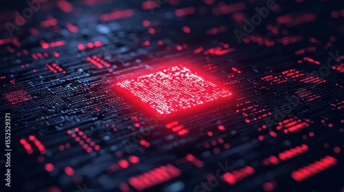 A glowing red microchip on a dark circuit board, symbolizing advanced digital technology and computing power.