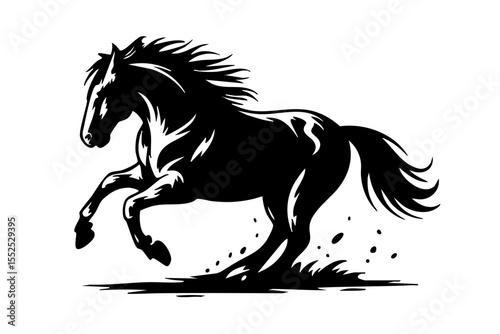 Black horse silhouette vector illustration, running horse drawing, mustang animal design, equine art image free