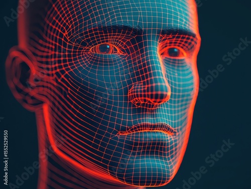 A digital three-dimensional wireframe of a human face illuminated with red and blue lighting, showcasing facial contours and geometric grid patterns.