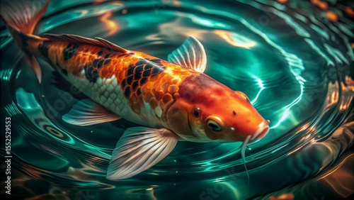 Male Koi Fish Swimming in Serene Pond Water