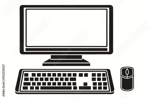 "Elegant Black and White Computer Vector Illustration with Monitor, Keyboard, Mouse, and System Unit"