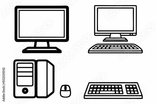 "High-Quality Computer Hardware Vector Graphic with Monitor, Keyboard, Mouse, and CPU Design"