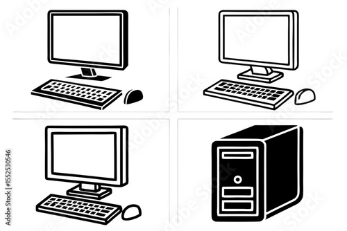 "Minimalist Computer Setup Vector Illustration Featuring Monitor, Keyboard, Mouse, and Tower in Black and White"