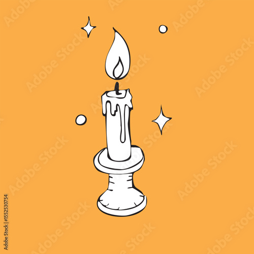 A hand-drawn burning candle with a candlestick and stars. Vector illustration in doodle style for Halloween, postcards and stickers. Vector illustration