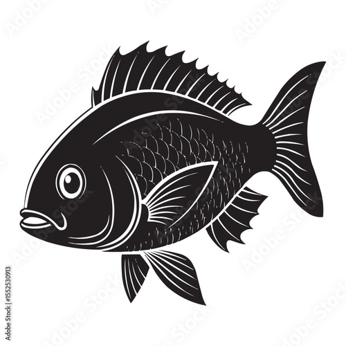 Black Silhouette Vector of Fish with Detailed Fins and Scales  Isolated Illustration