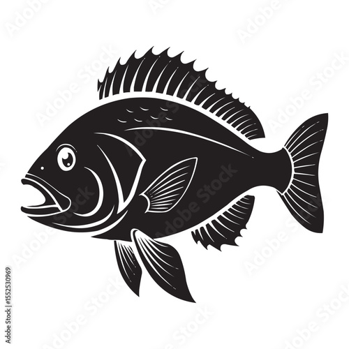 Black Silhouette Vector of Fish with Detailed Fins and Scales – Isolated Illustration