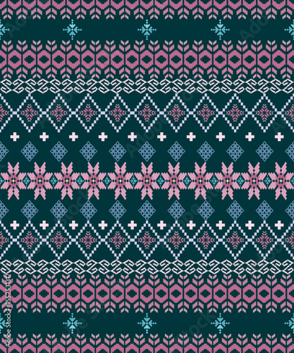 vibrant cross-stitch pattern with tribal floral motifs in pink and cyan on a deep green background. Featuring geometric bands and symmetrical floral rows, perfect for ethnic textile design.