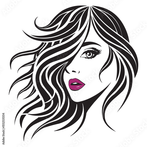 Elegant Woman Face Line Art with Red Lips – Stylish Beauty Vector Illustration