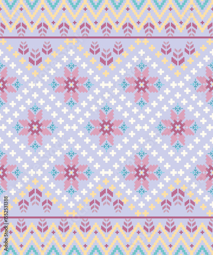 Pastel tribal snowflower pattern. A soft, tribal-style cross-stitch pattern featuring pastel snowflake motifs and geometric borders. Ideal for textiles, scarves, or digital backgrounds.