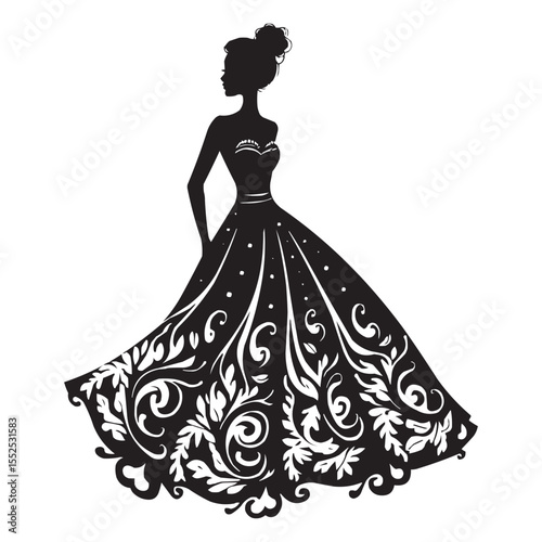 Elegant Woman Silhouette in Floral Gown – Decorative Vector Design for Invitations & Fashion Themes