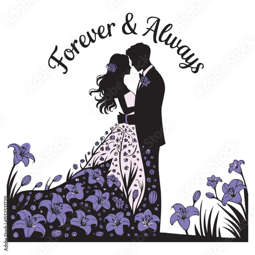 Romantic Couple Silhouette with Floral Dress – Love Vector Illustration for Wedding & Valentine Designs