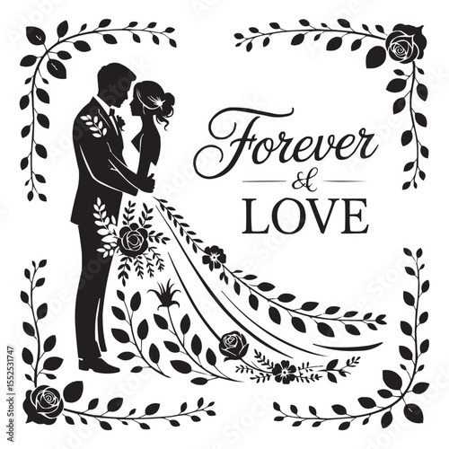 Romantic Couple Silhouette with Floral Dress – Love Vector Illustration for Wedding & Valentine Designs
