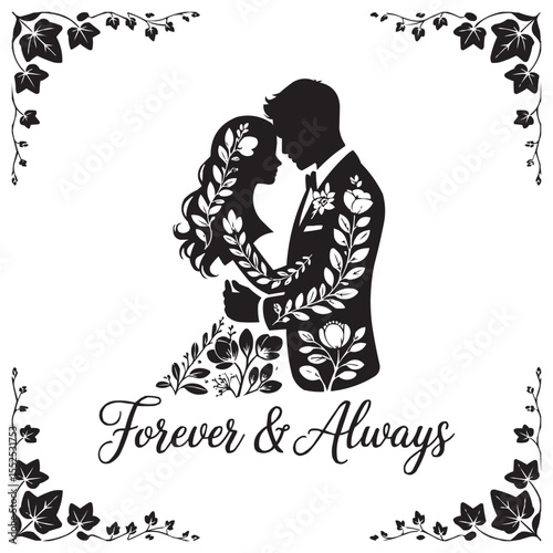 Romantic Couple Silhouette with Floral Dress – Love Vector Illustration for Wedding & Valentine Designs