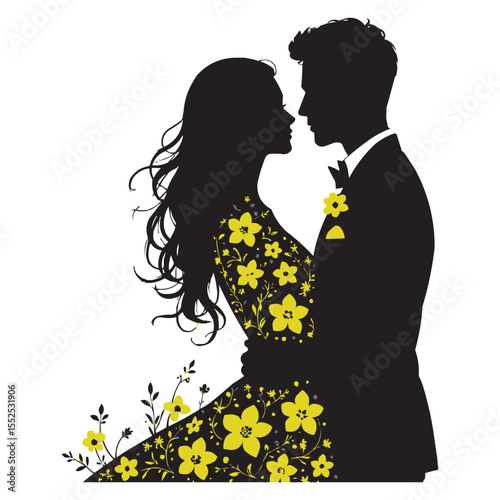 Romantic Couple Silhouette with Floral Dress – Love Vector Illustration for Wedding & Valentine Designs