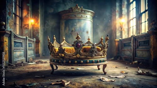 A regal crown lying abandoned on a dusty, old throne, surrounded by forgotten grandeur and faded opulence , decay, crown