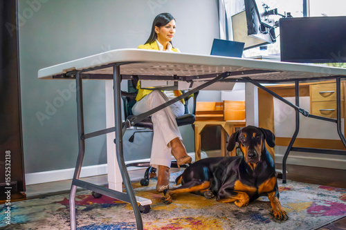 Businesswoman working from home with her doberman pinscher relaxing under desk