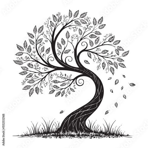 Elegant Tree Silhouette Illustration with Leaves