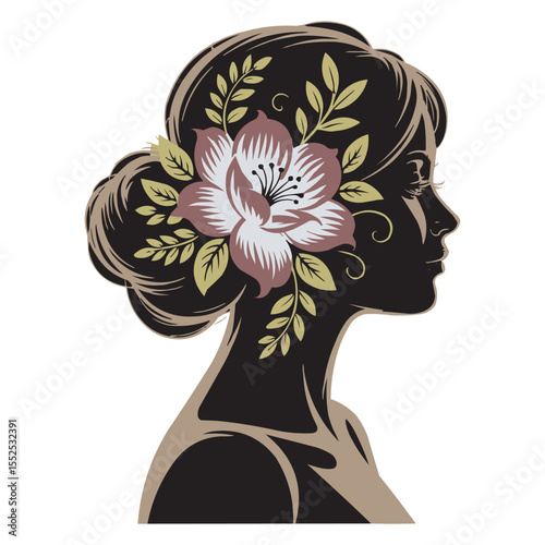 African Woman Silhouette with Floral Afro Hair and Earrings – Vector Illustration