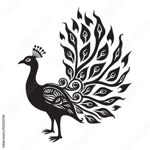 Tribal Peacock Vector Illustration – Decorative Bird with Ornamental Feathers