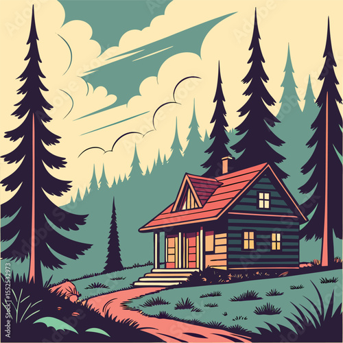 A charming rustic cabin nestled in a serene forest setting with towering evergreen trees and a welcoming pathway.