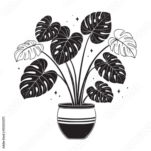 Monstera Plant in Pot Vector – Tropical Leaf Houseplant Silhouette Illustration