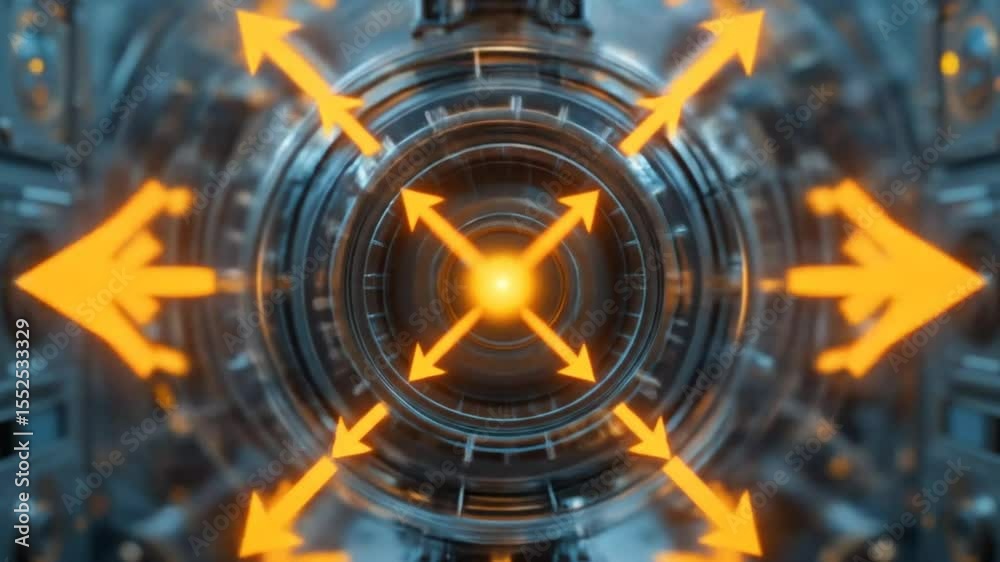 Futuristic Technology Core with Glowing Arrows Guiding Energy Flow Visualization Concept