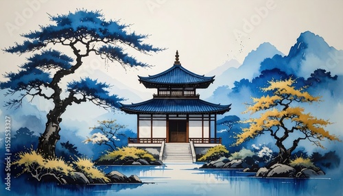 Japanese garden with temple and lake on background - Art