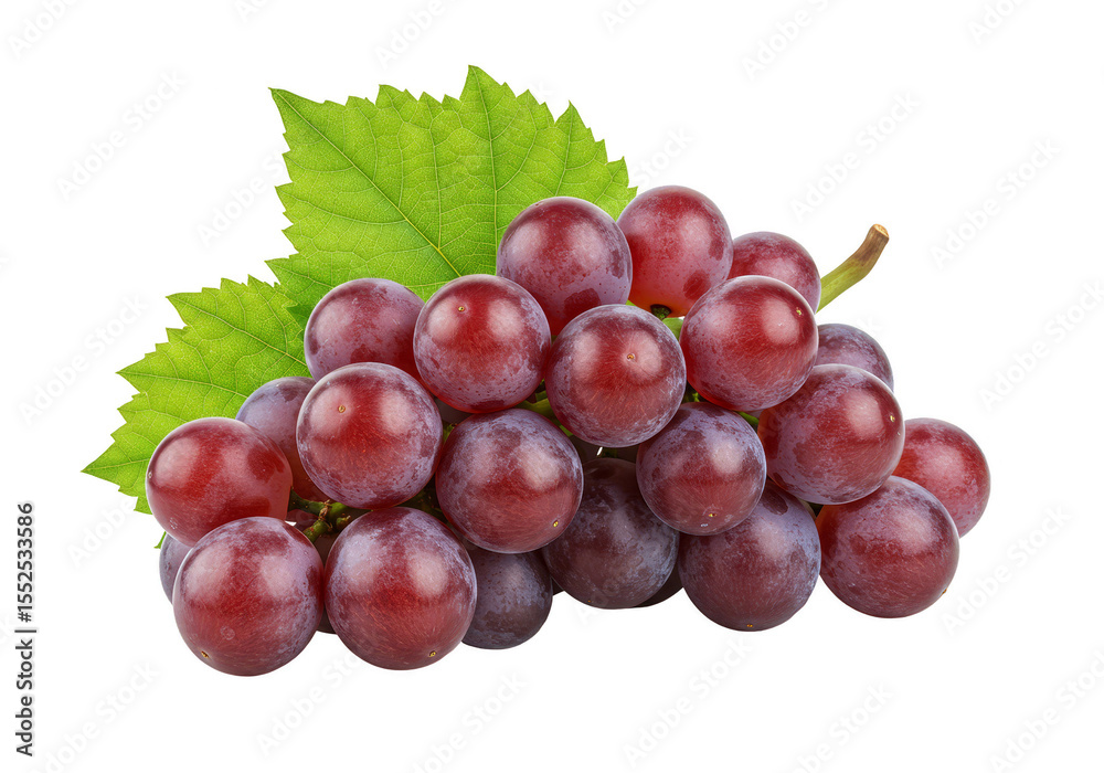 Fototapeta premium Isolated Transparent Background Close Up Fresh Red Grapes With Leaf