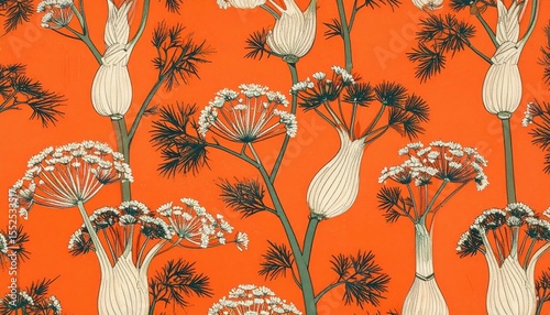 Fennel Blossom Botanical Pattern on Orange