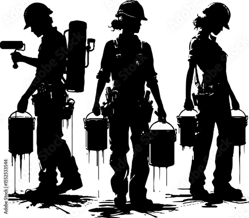 Three women painters carrying paint cans and tools in silhouette  
