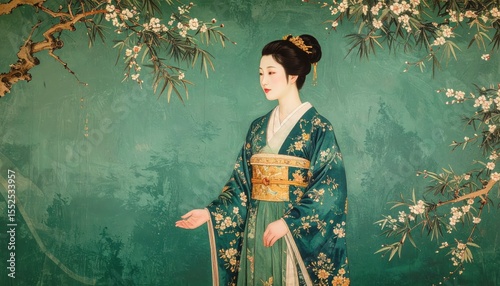 Elegant Asian Woman in Traditional Dress in a Blossom Garden