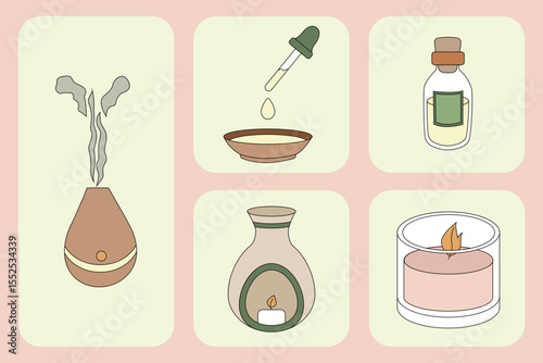 collection of aromatherapy flat vector illustration. spa, incense, essential oil, candle, diffuser, relaxation drawing bundle.